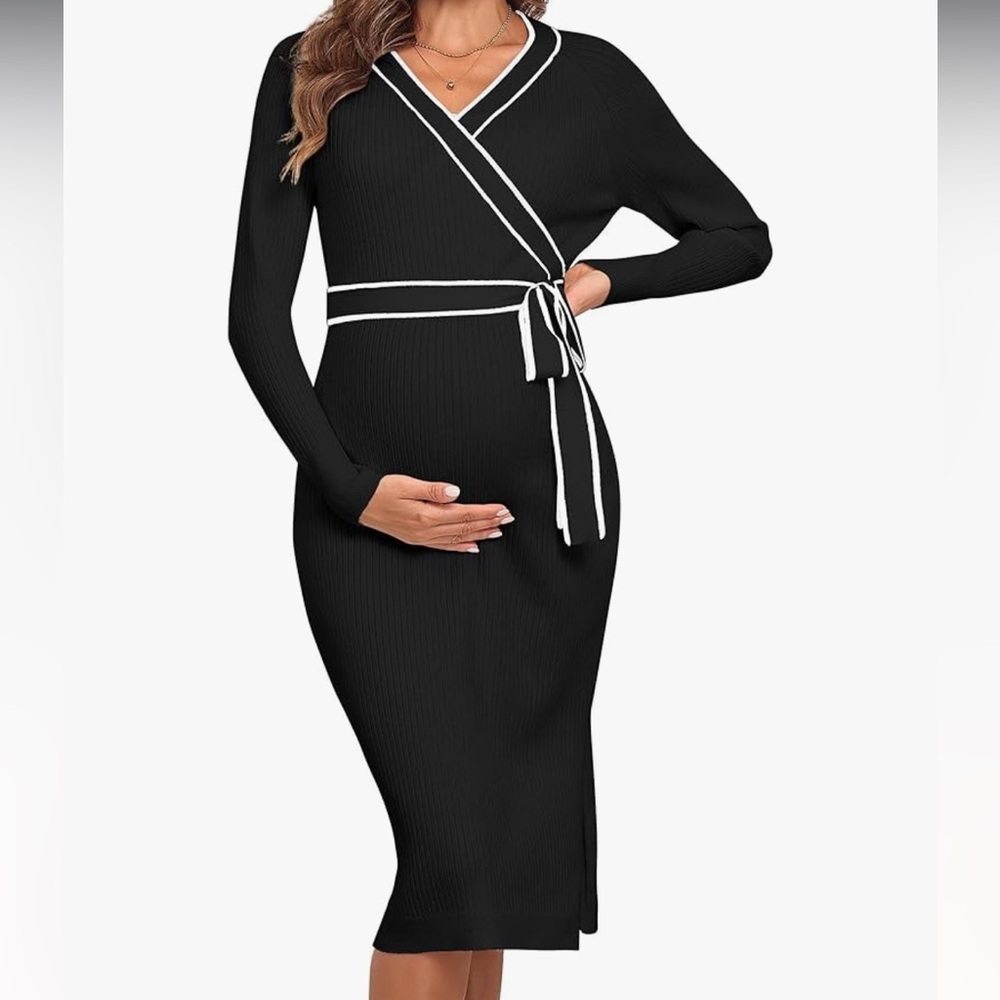 NWT V For City Black Ribbed Knit Maternity Wrap Sweater Dress Size XL